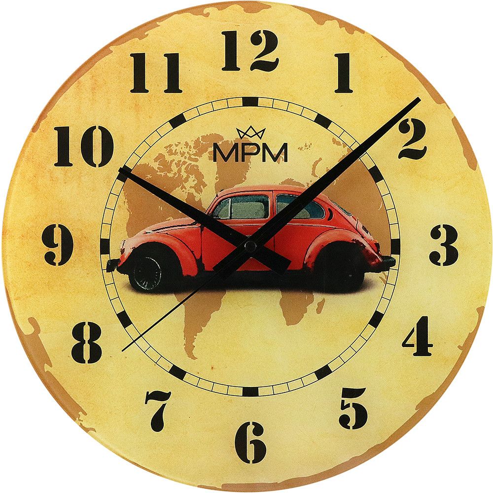 Elegantní skleněné nástěnné hodiny s motivem automobilu v retro stylu. Motiv hodin je dílem našeho grafického studia. Hodiny byly vyrobené a designované v České republice E09.4467 MPM Retro
