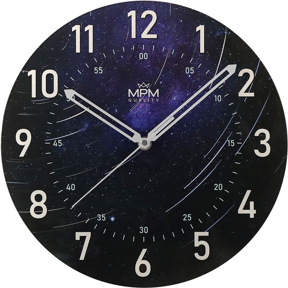 Elegantní skleněné nástěnné hodiny s motivem noční oblohy. Motiv hodin je dílem našeho grafického studia. Hodiny byly vyrobené a designované v České republice E09.4466 E09.4466
