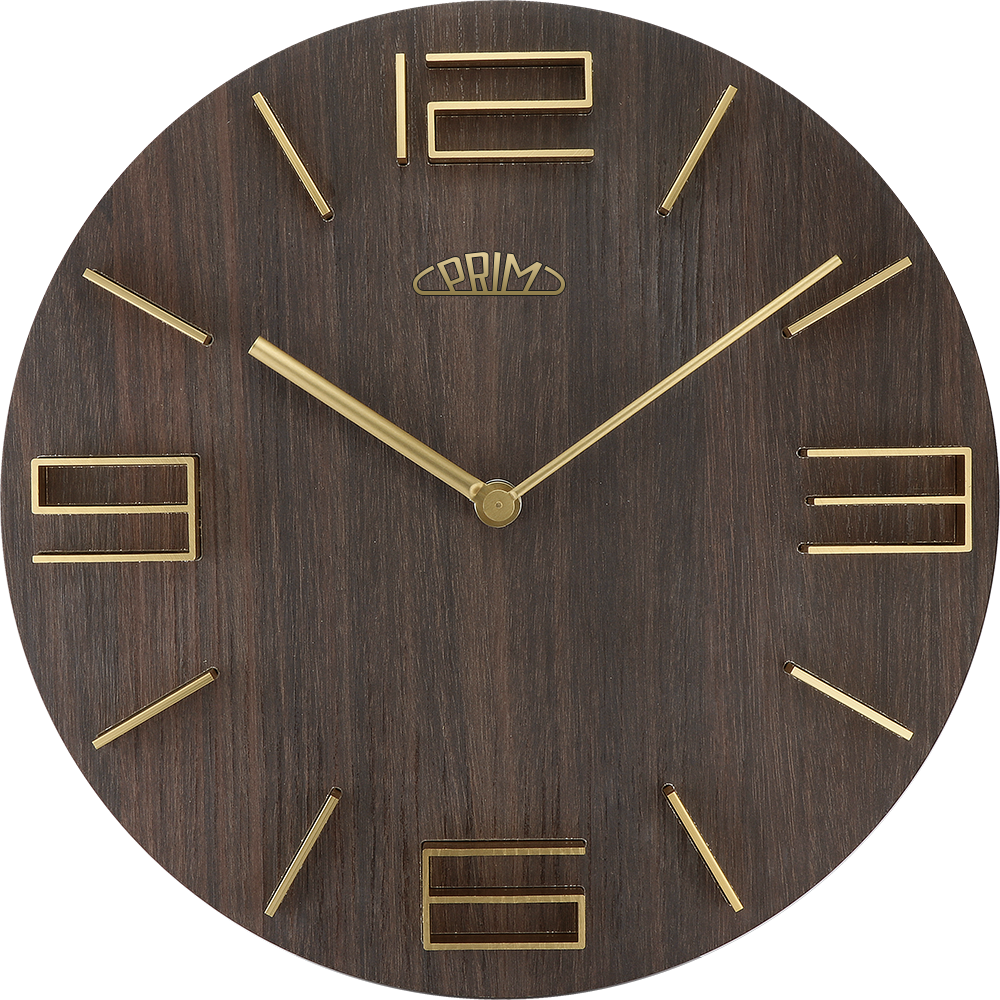 velké kulaté hodiny tmavé dřevo 3d číslice a indesy z kovu
