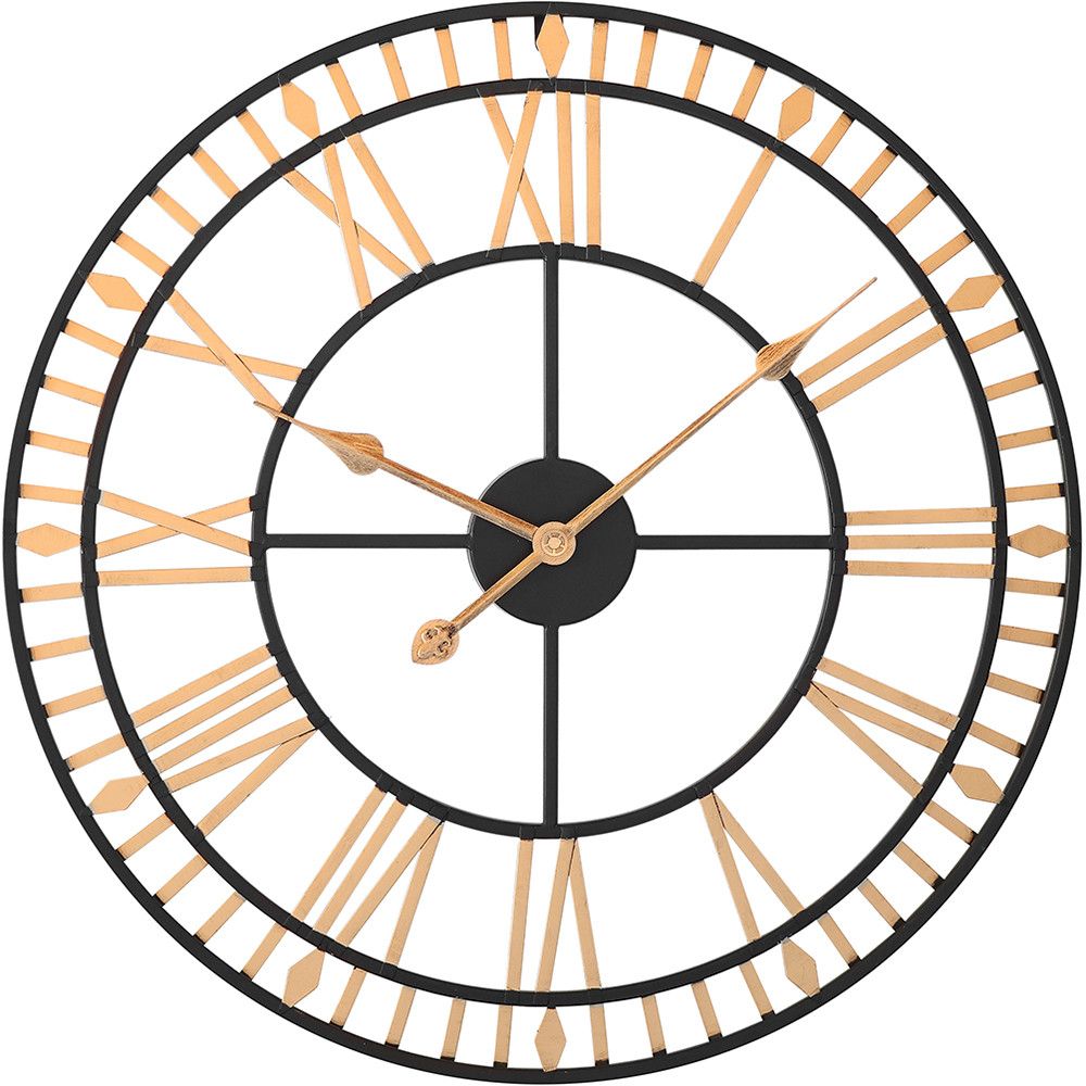 Designové nástěnné kovové hodiny o průměru 60 cm ve stylu art deco. Konstrukce hodin je v černé barvě, indexy a římské číslice jsou pozlacené. Kovové antické ručičky jsou navíc v MPM Colosseum
