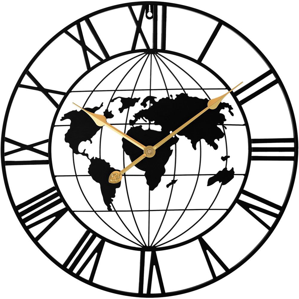 Velké designové kovové hodiny o průměru 60 cm s motivem světa. Tmavý číselník s románskými číslicemi rozzařují pozlacené hodinové ručičky, které byly pro tento model zhotoveny v a MPM Roman World