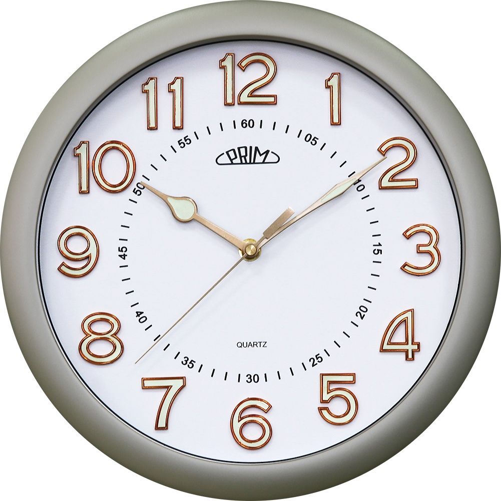 Moderní nástěnné PRIM hodiny s ručičkami a čísly svítícími ve tmě E01P.7301 Nástěnné hodiny PRIM Style I bílá