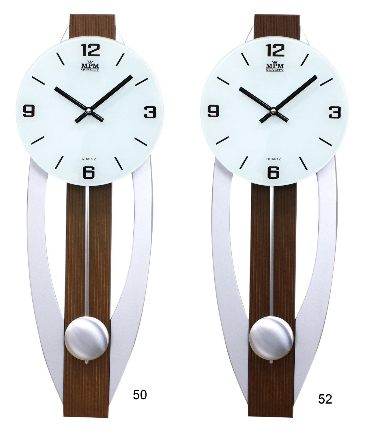 Designové nástěnné hodiny s kyvadlem, s prvky dřeva, skla a kovu E07.3715
