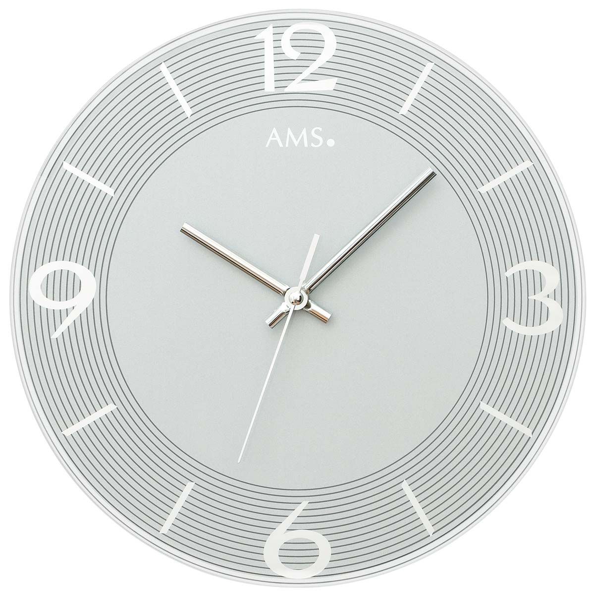 Nástěnné hodiny kulaté skleněné ams 9571 stříbrná