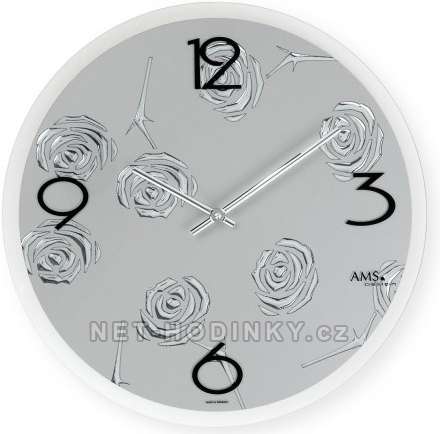 Moderní nástěnné hodiny AMS 9312, skleněné hodiny na zeď kulaté AMS 9312